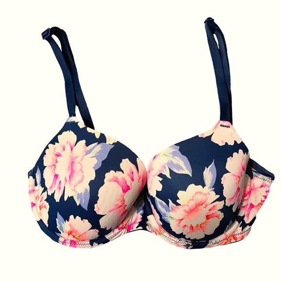 VS PINK Wear Everywhere Lightly Lined Roses Floral Bra Size 34D Navy Blue White - Picture 3 of 8